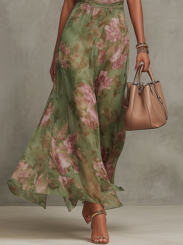 Jazina | Green Maxi Chiffon Dress with Halter Neck