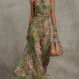 Jazina | Green Maxi Chiffon Dress with Halter Neck