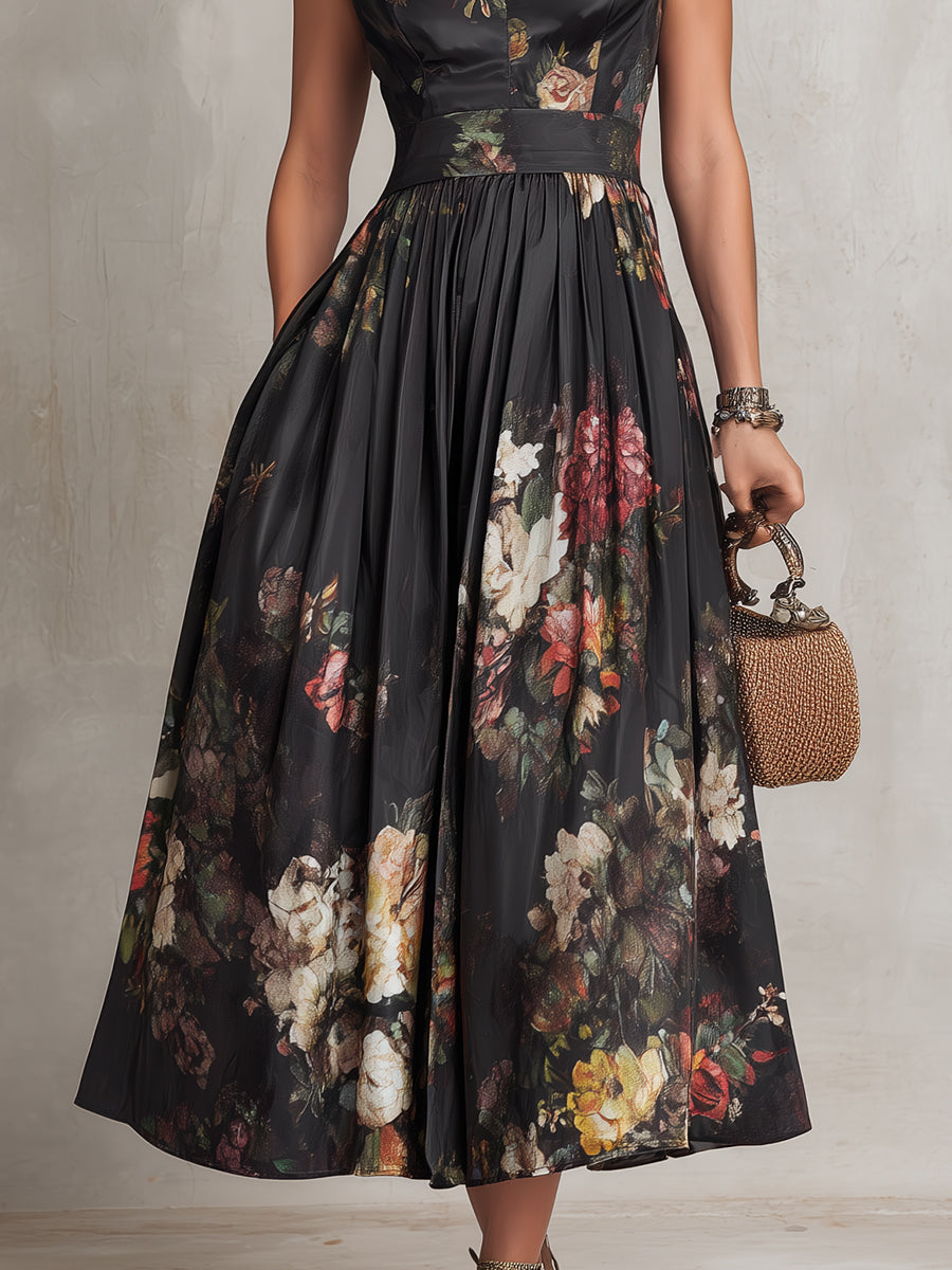 Black Satin Midi Dress with Pleated Design
