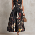 Patricia | Black Floral Satin Pleated Midi Dress