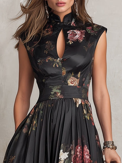Black Satin Midi Dress with Pleated Design