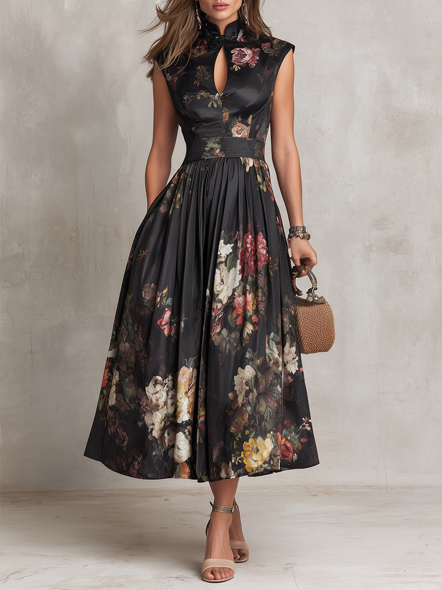 Black Satin Midi Dress with Pleated Design
