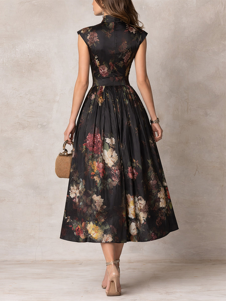 Black Satin Midi Dress with Pleated Design