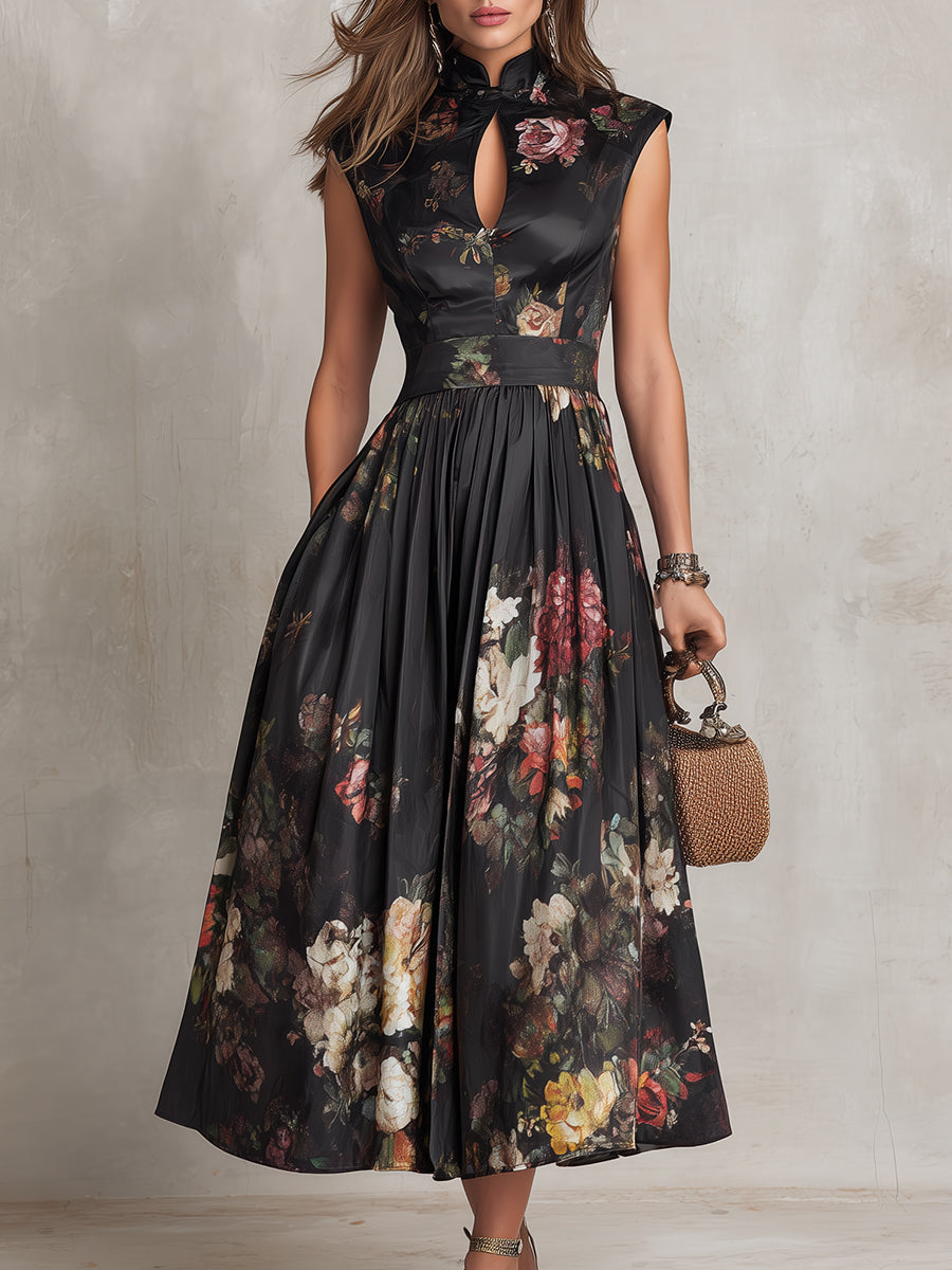 Black Satin Midi Dress with Pleated Design