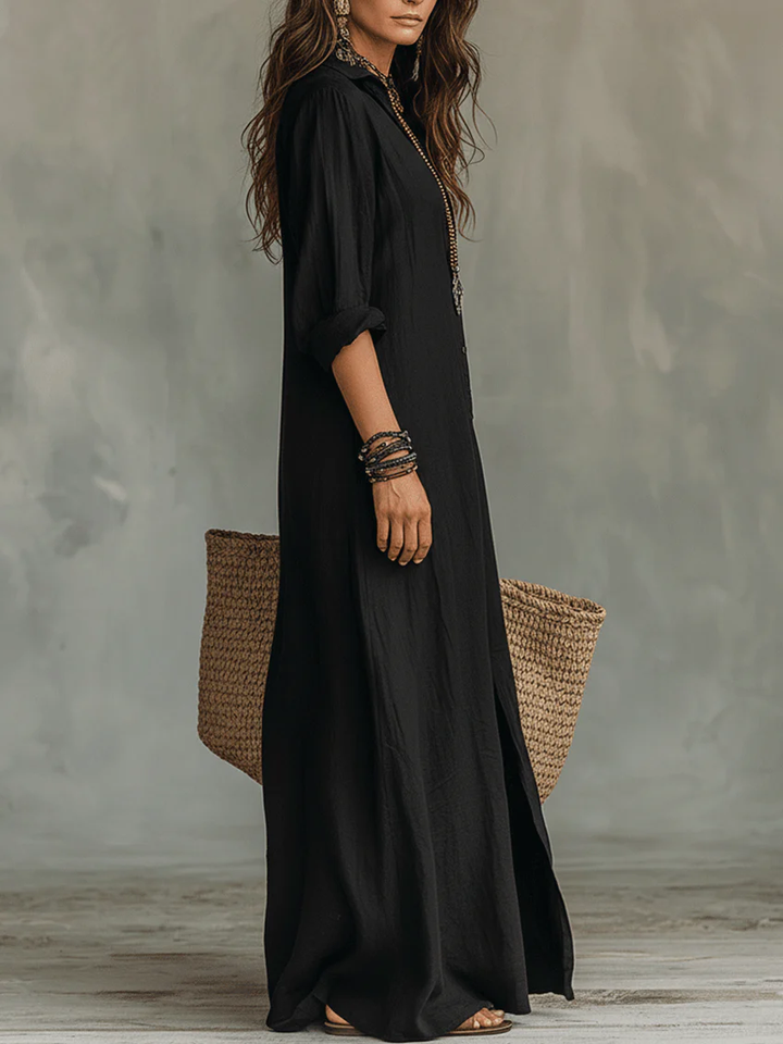 Soline | Elegant Black Maxi Dress with Button Details