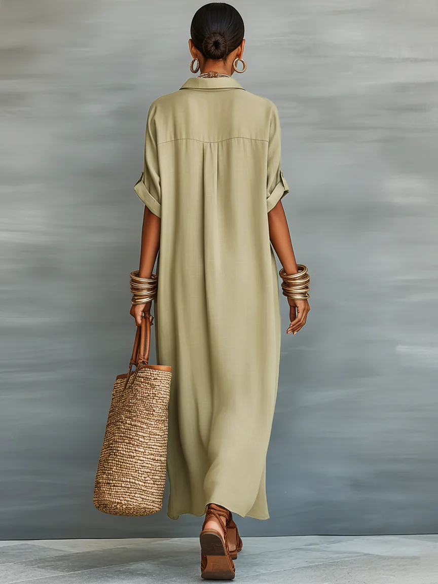 Manelle | Olive Green Maxi Dress with Sleek Minimalist Design