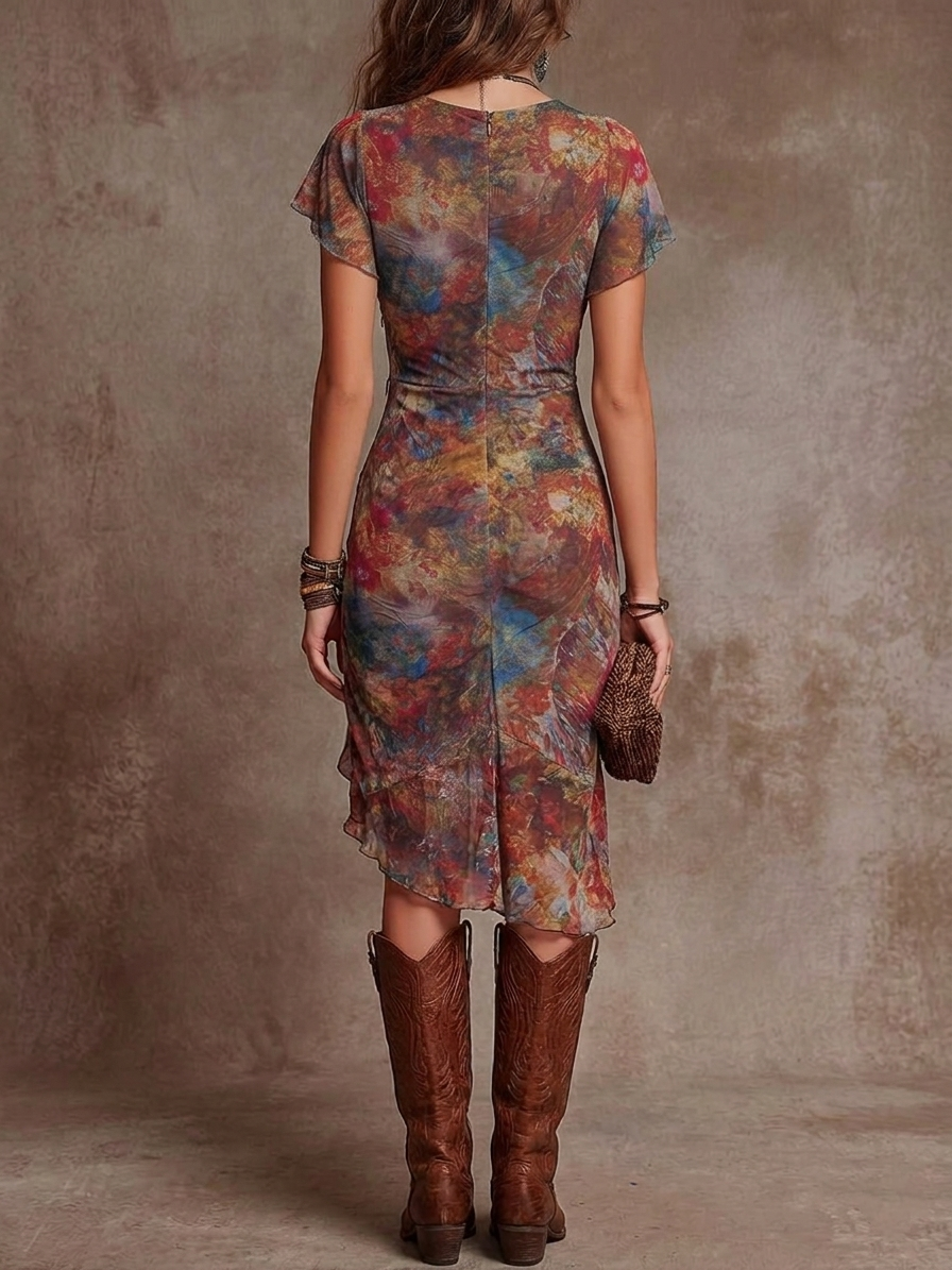 Bohemian Abstract Print Midi Dress with V-Neck and Pleated Design