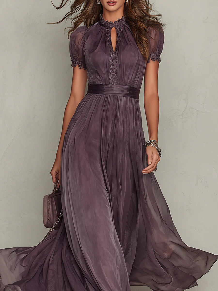 Purple Maxi Chiffon Dress with Keyhole Neckline