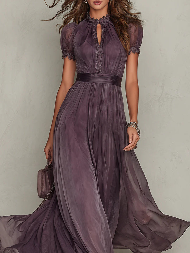 Flavia | Long Purple Dress with Keyhole Neckline and Chiffon Lace Details