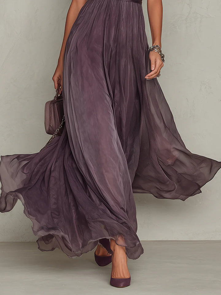 Flavia | Long Purple Dress with Keyhole Neckline and Chiffon Lace Details