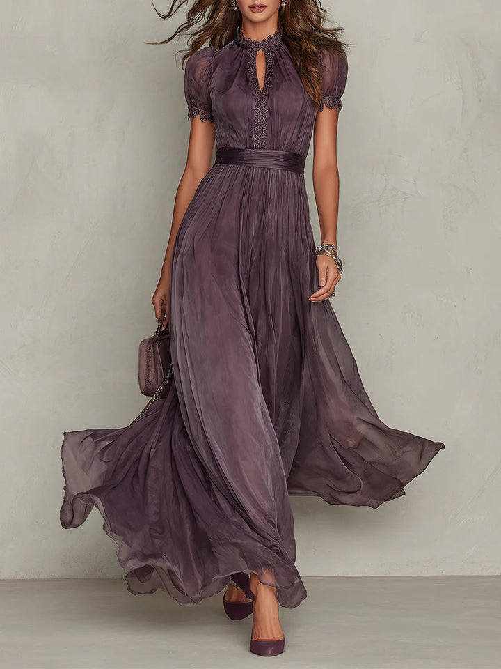 Flavia | Long Purple Dress with Keyhole Neckline and Chiffon Lace Details