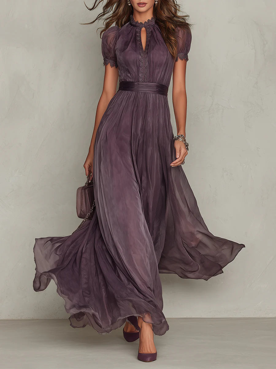 Purple Maxi Chiffon Dress with Keyhole Neckline
