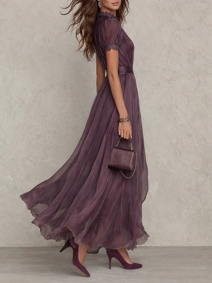 Flavia | Long Purple Dress with Keyhole Neckline and Chiffon Lace Details