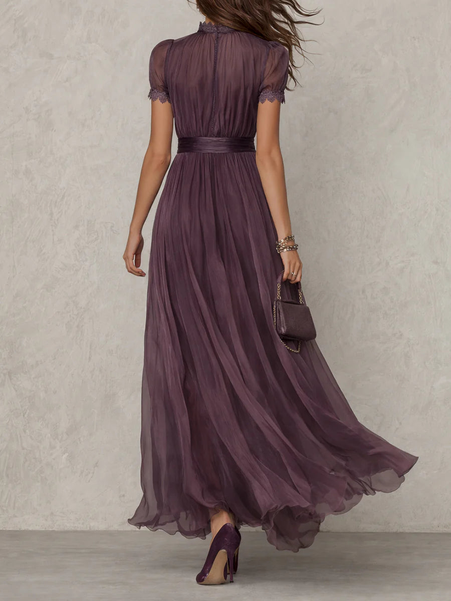 Flavia | Long Purple Dress with Keyhole Neckline and Chiffon Lace Details