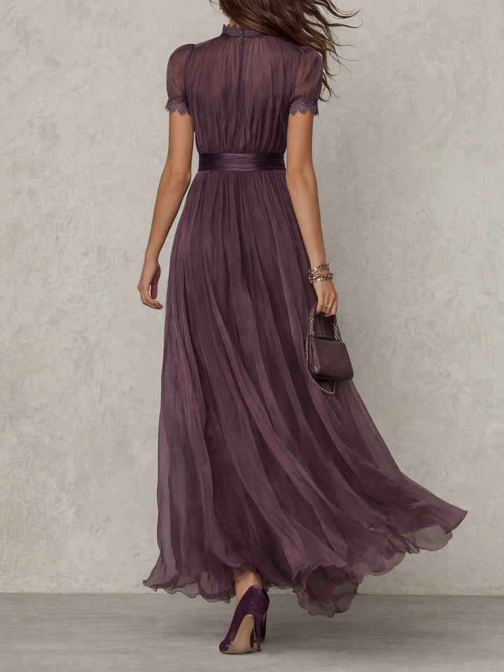 Flavia | Long Purple Dress with Keyhole Neckline and Chiffon Lace Details