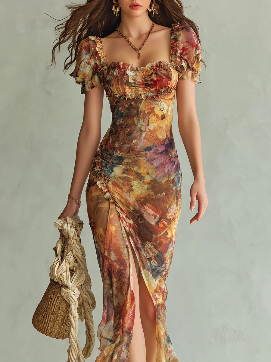Chiffon Maxi Dress with Bohemian Orange Oil Print on Canvas