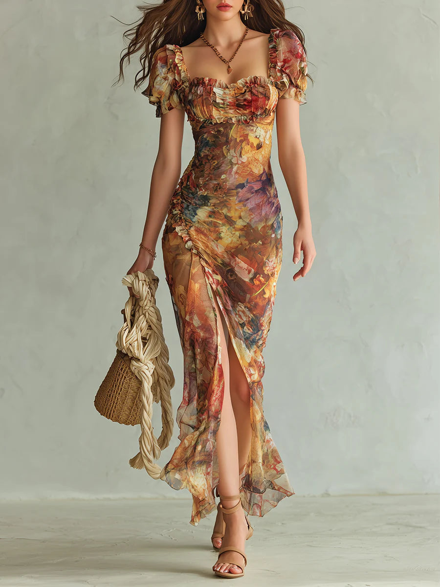 Chiffon Maxi Dress with Bohemian Orange Oil Print on Canvas