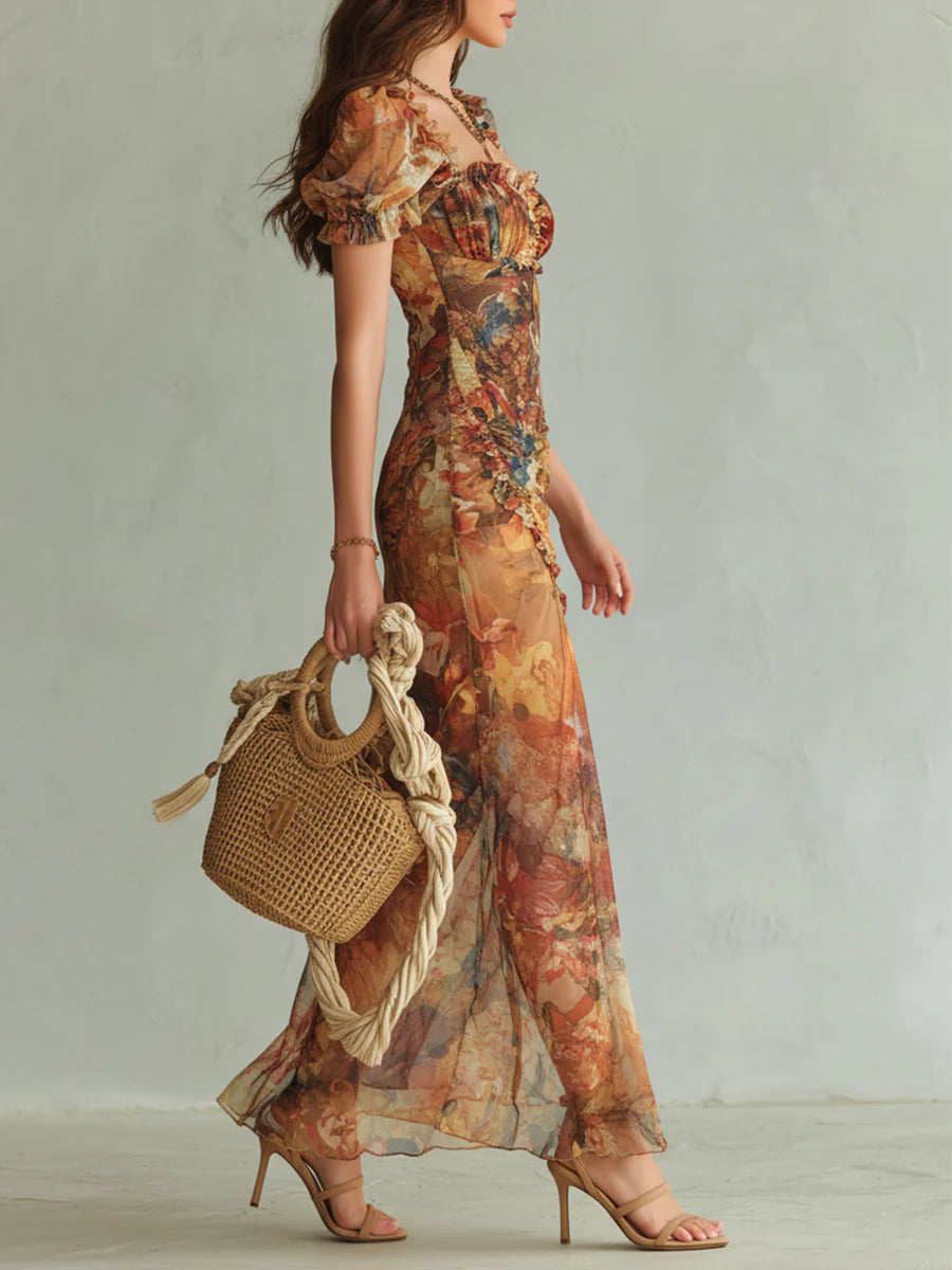 Chiffon Maxi Dress with Bohemian Orange Oil Print on Canvas