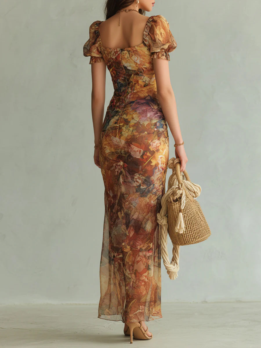 Chiffon Maxi Dress with Bohemian Orange Oil Print on Canvas