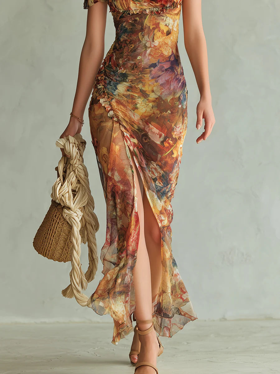 Bohemian Orange Chiffon Maxi Dress with Oil Print