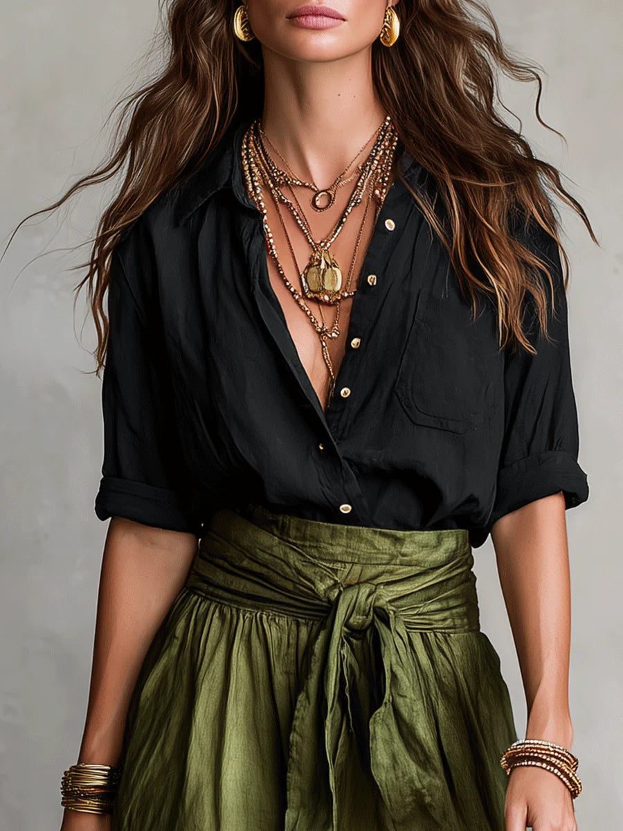 Vera – Two Piece Set: Black T-shirt and Olive Green Midi Skirt