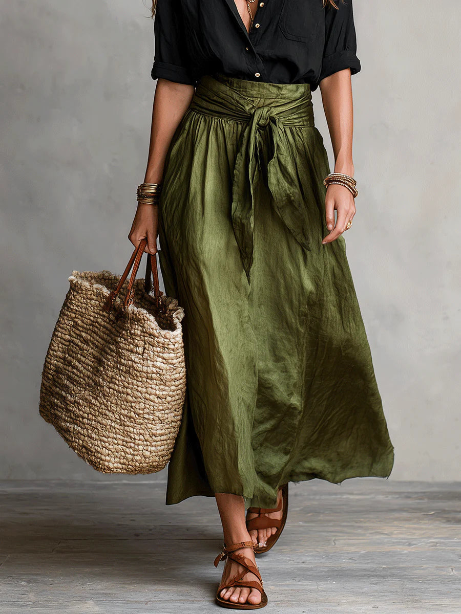 Vera – Two Piece Set: Black T-shirt and Olive Green Midi Skirt