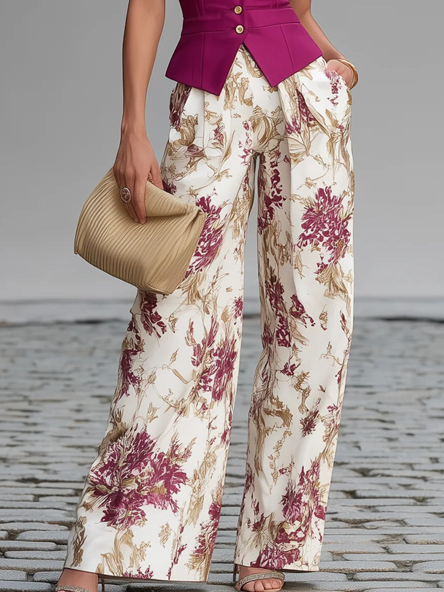 Pink Sleeveless Gilet with Floral Print Wide-Leg Trousers