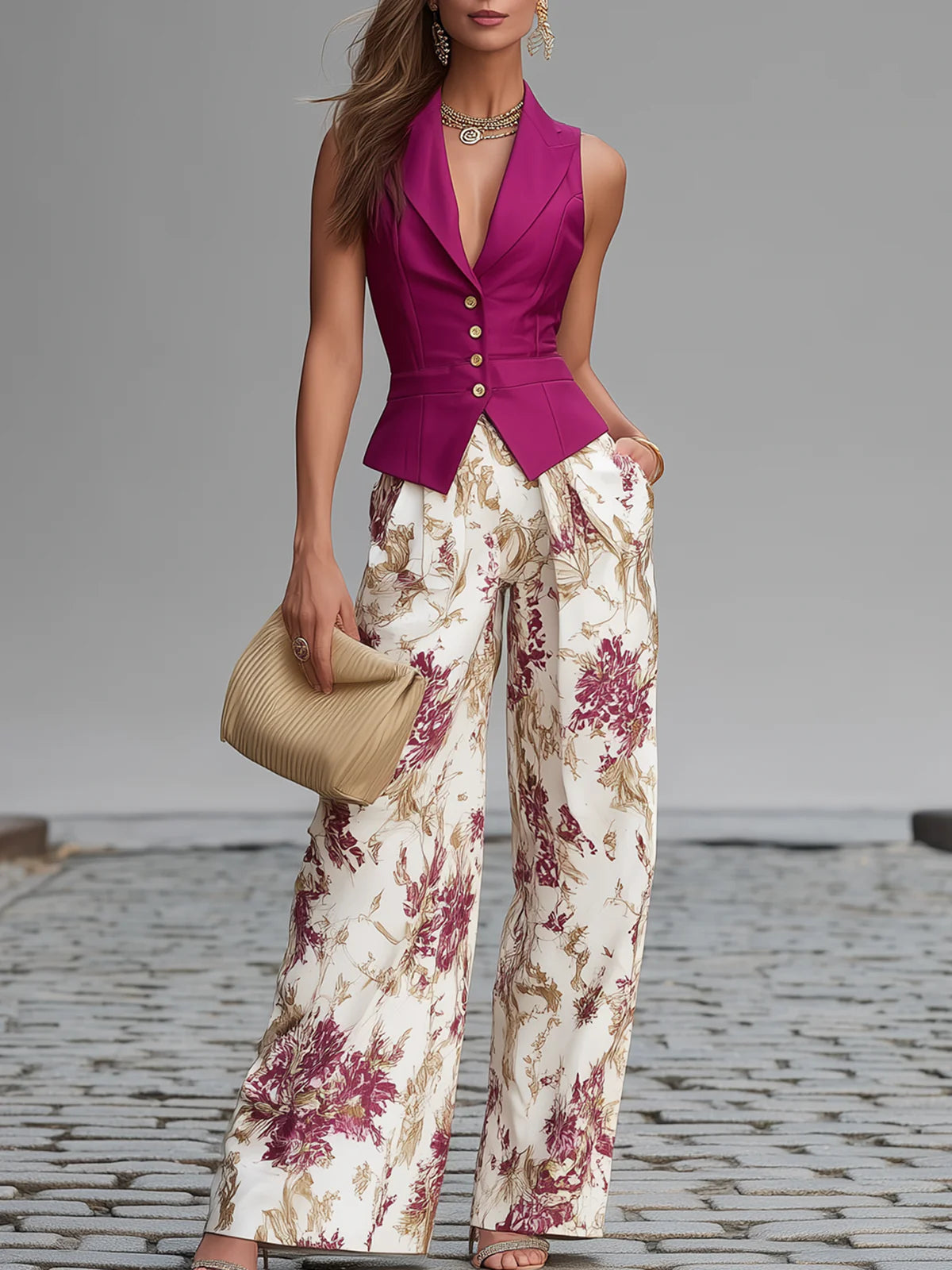 Pink Sleeveless Gilet with Floral Print Wide-Leg Trousers