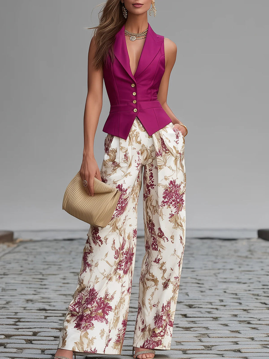 Pink Sleeveless Vest with Wide-Leg Floral Print Trousers