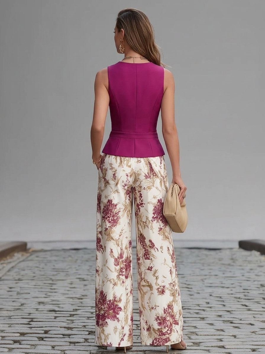 Pink Sleeveless Vest with Wide-Leg Floral Print Trousers