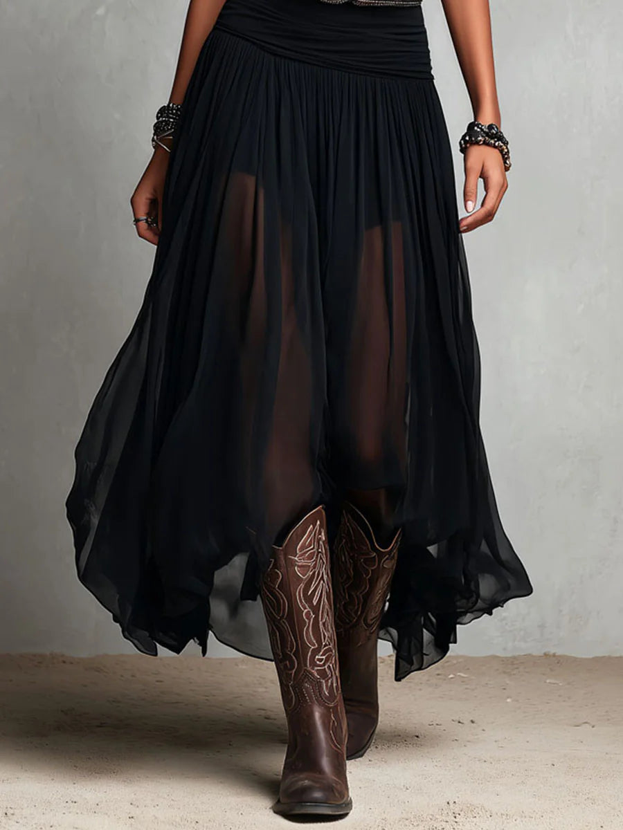 Black Sleeveless Top Paired with Maxi Tulle Skirt and Belt