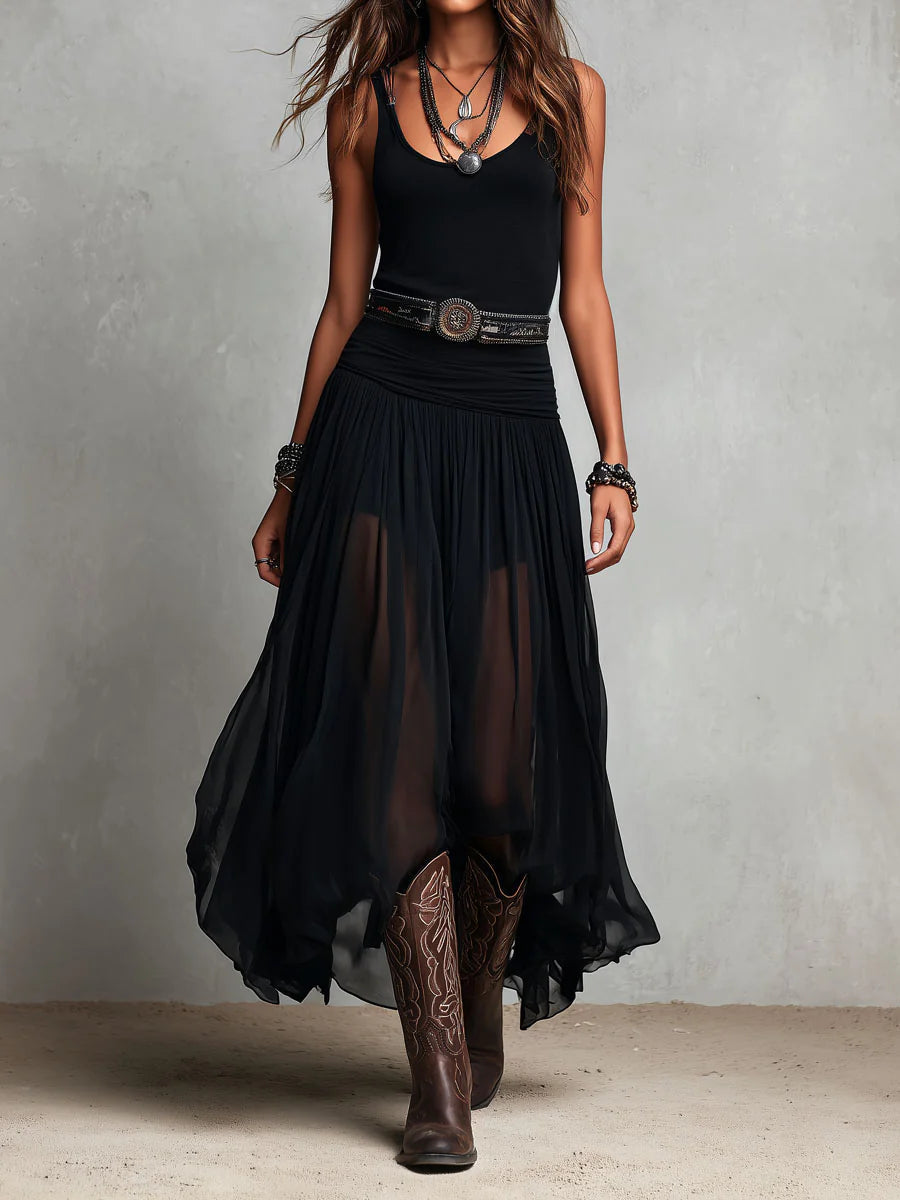 Black Sleeveless Top Paired with Maxi Tulle Skirt and Belt