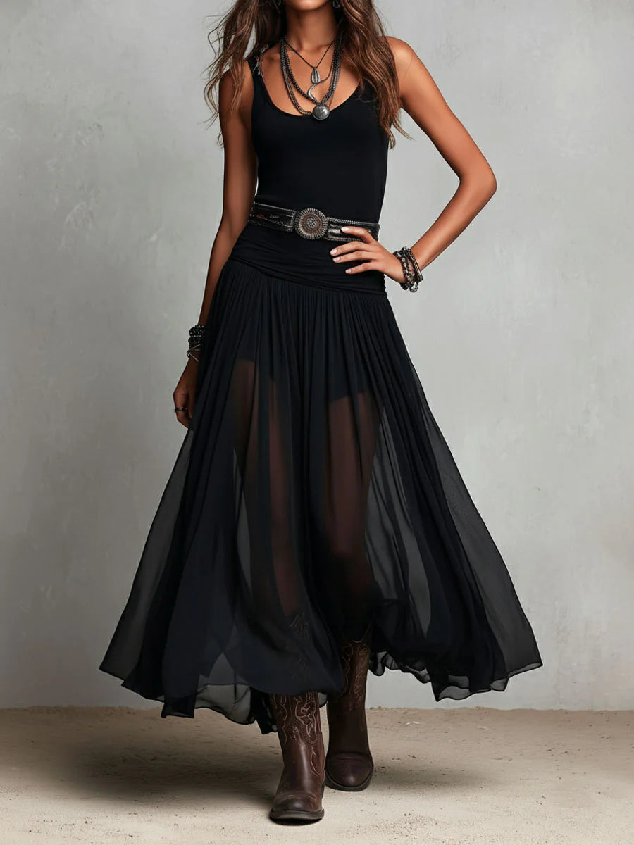 Black Sleeveless Top Paired with Maxi Tulle Skirt and Belt