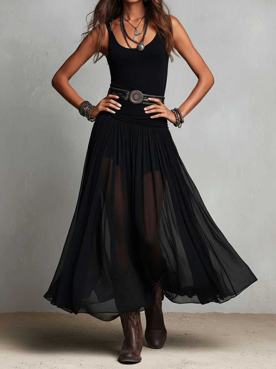 Black Sleeveless Top Paired with Maxi Tulle Skirt and Belt