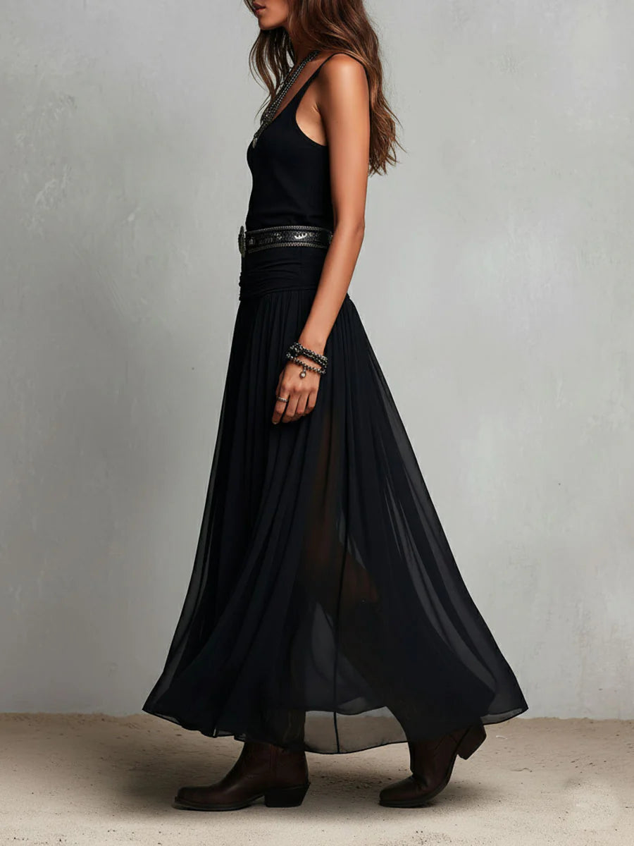 Black Sleeveless Top Paired with Maxi Tulle Skirt and Belt
