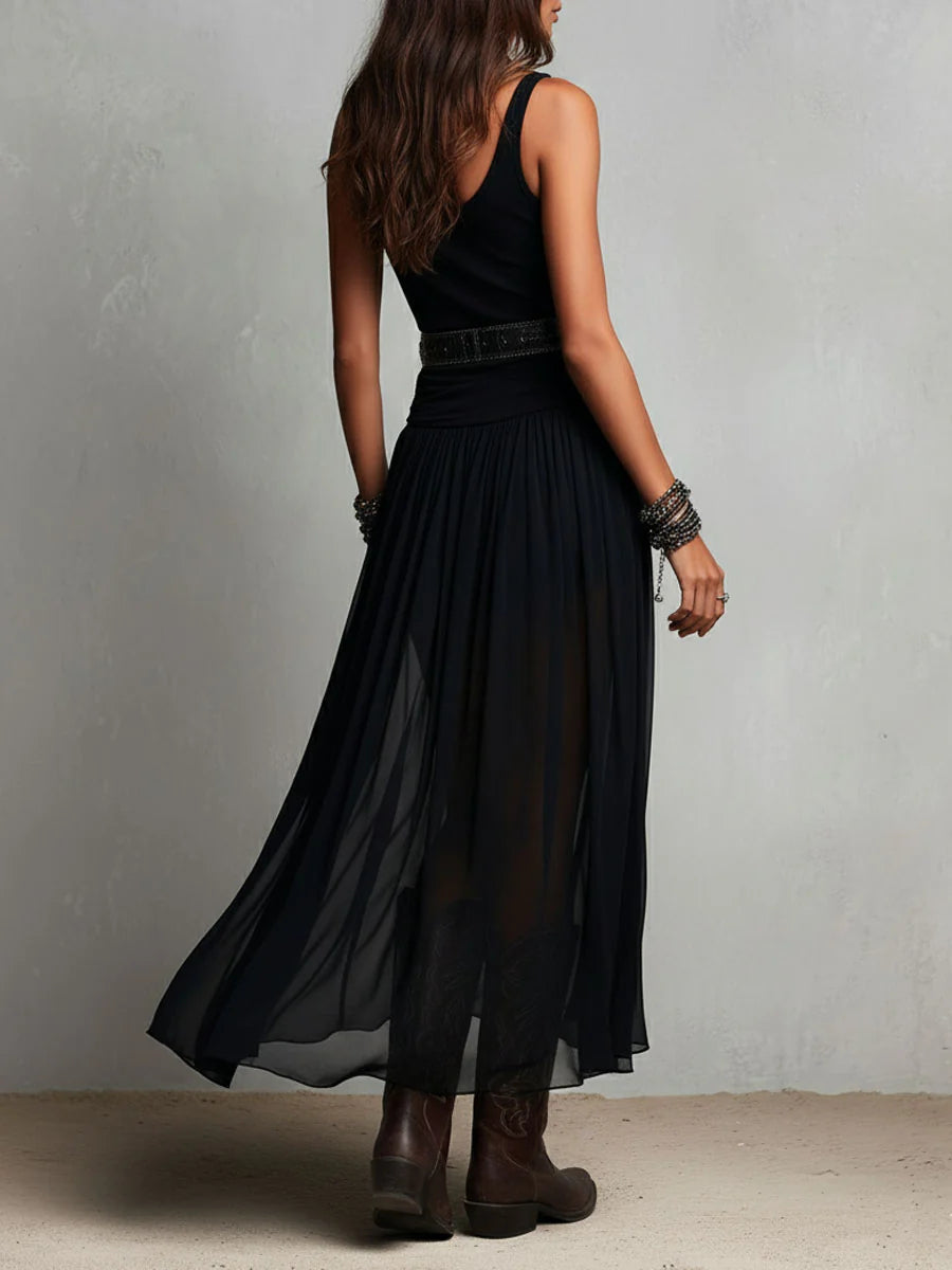 Black Sleeveless Top Paired with Maxi Tulle Skirt and Belt
