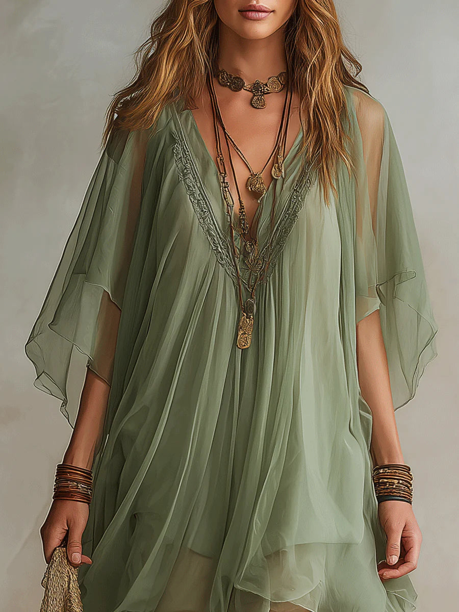Green V-Neck Floating Mini Chiffon Dress