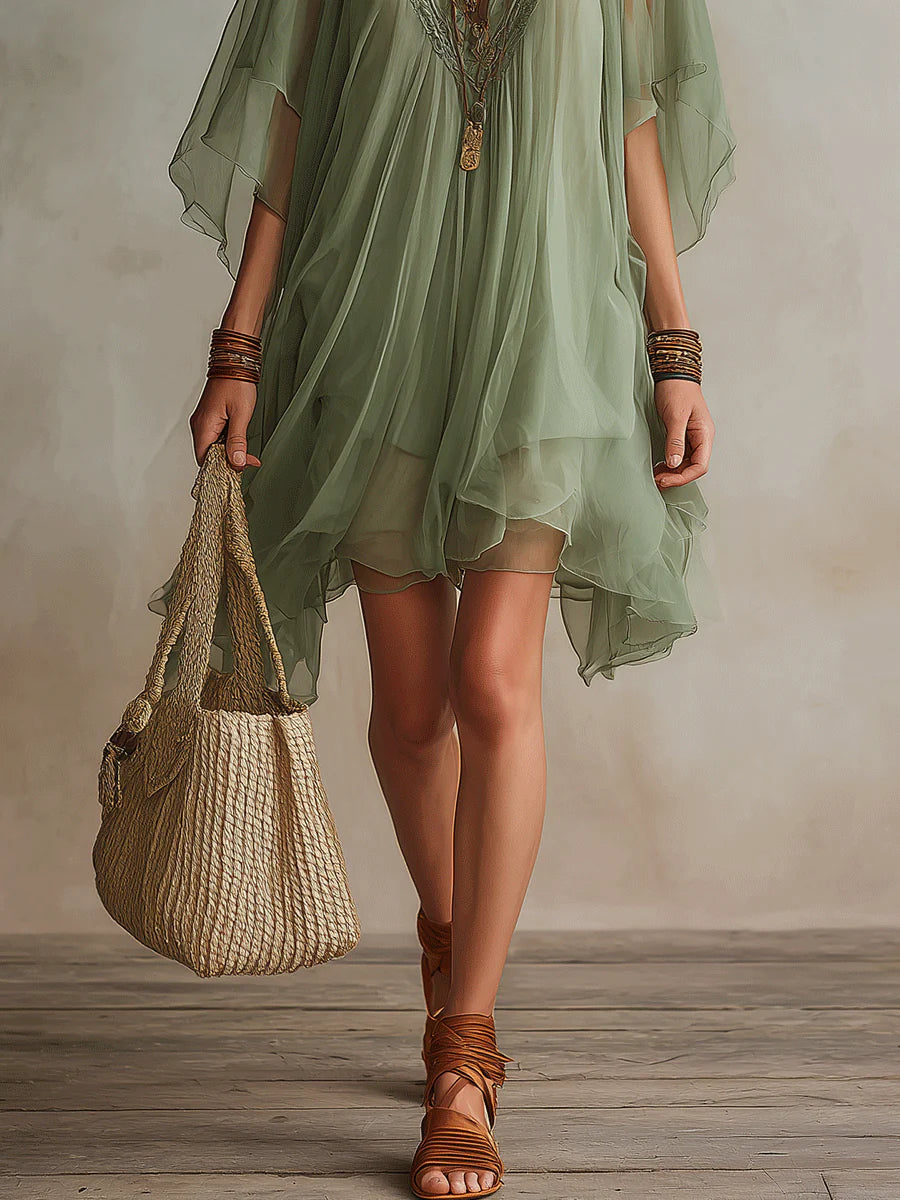 V-Neck Green Chiffon Mini Dress with Flowing Design