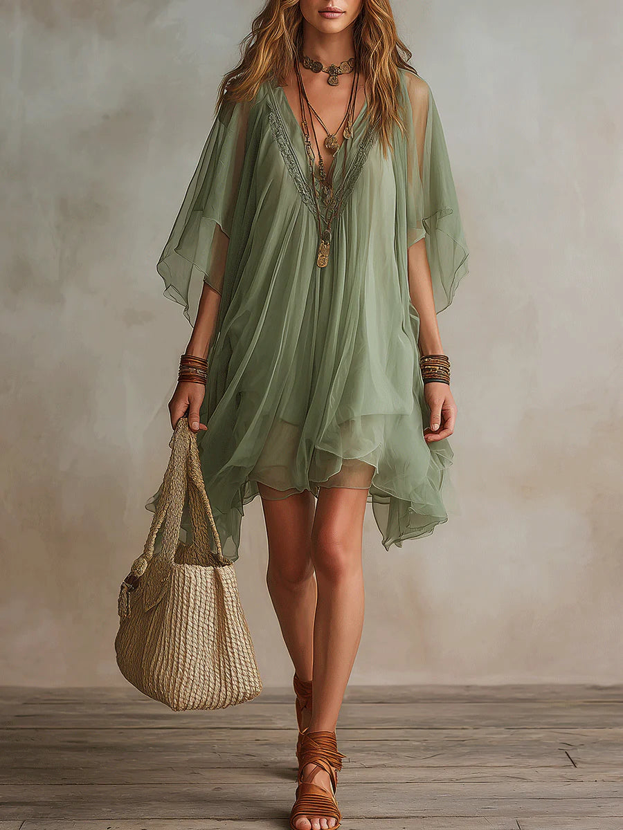 Green V-Neck Floating Mini Chiffon Dress