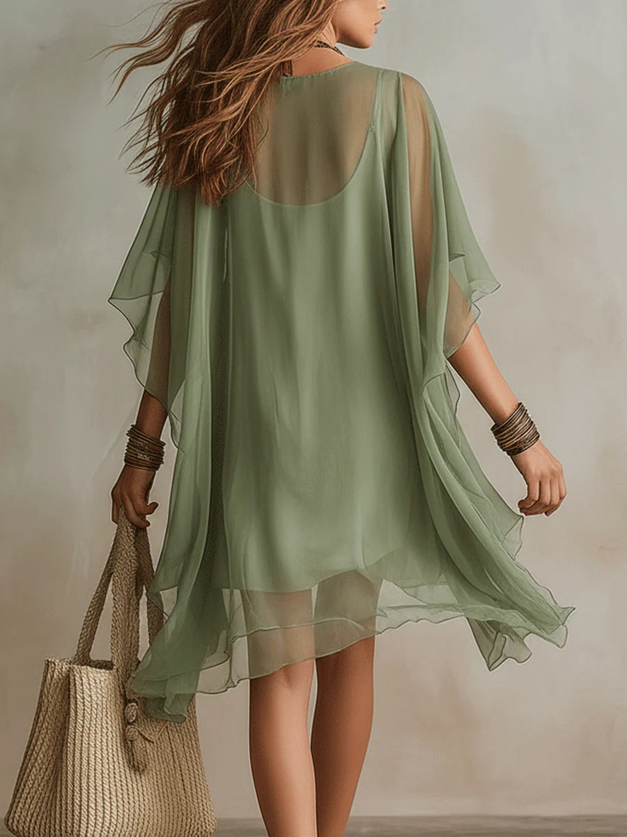 Green V-Neck Floating Mini Chiffon Dress