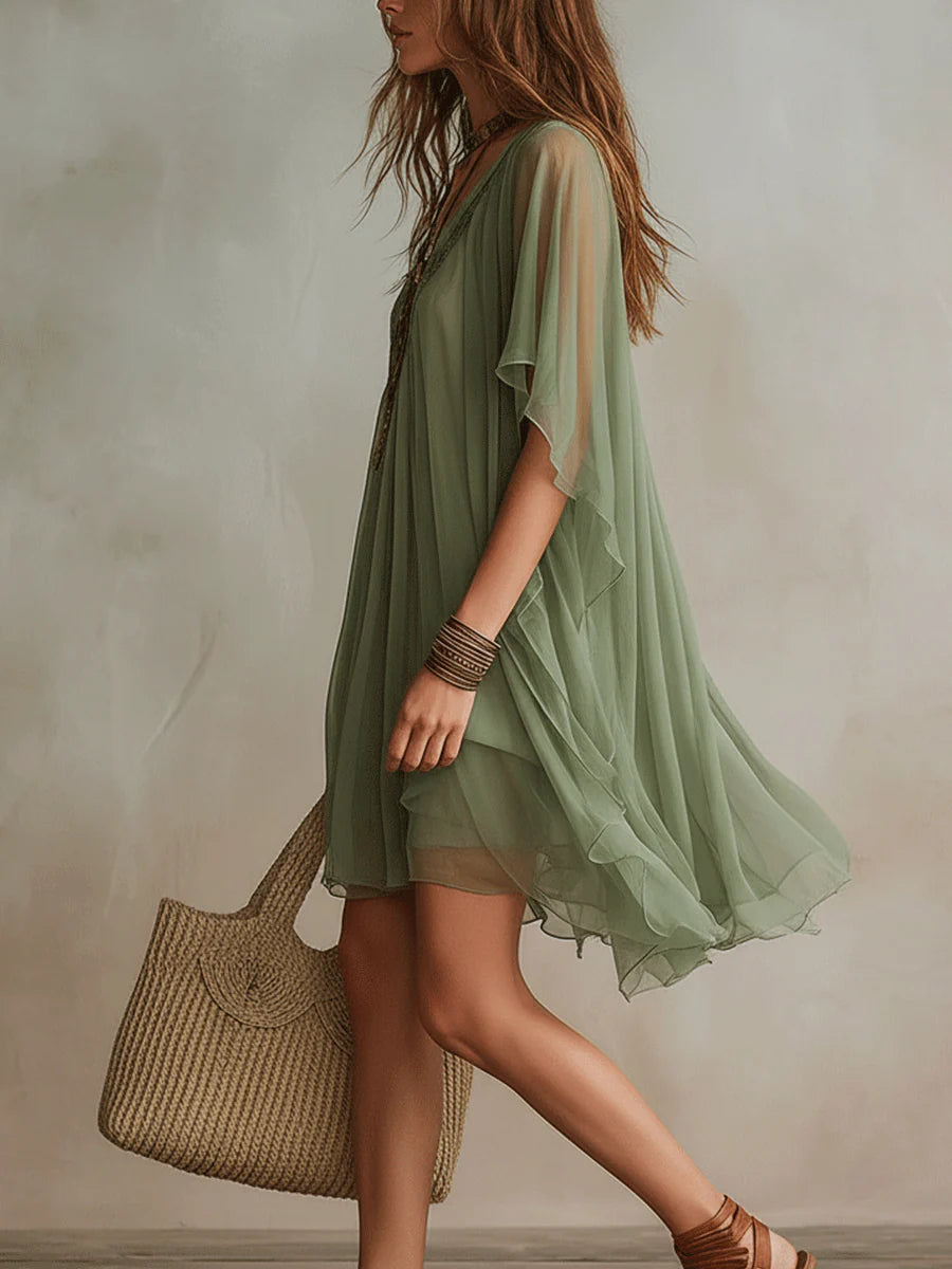 V-Neck Green Chiffon Mini Dress with Flowing Design
