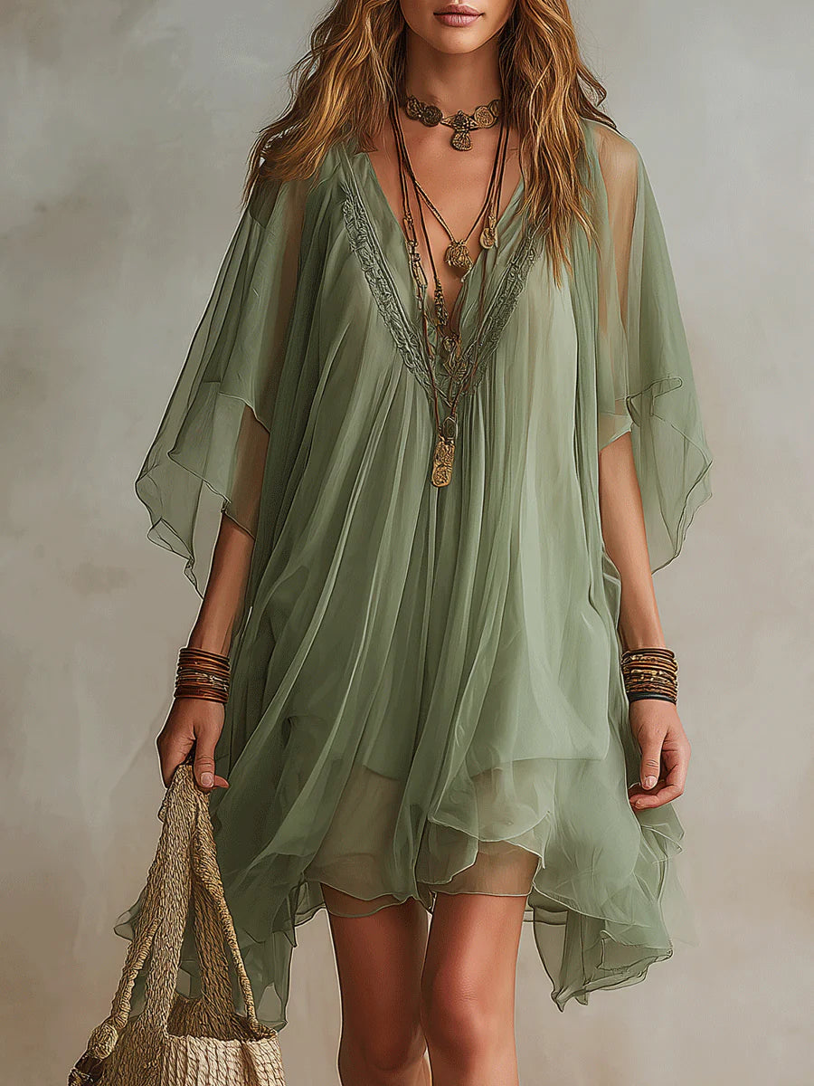 V-Neck Green Chiffon Mini Dress with Flowing Design