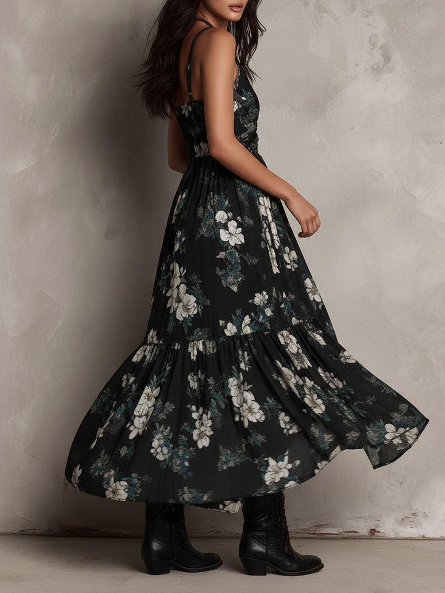 Floral Print Black Bohemian Strapless Maxi Dress with Asymmetrical Design
