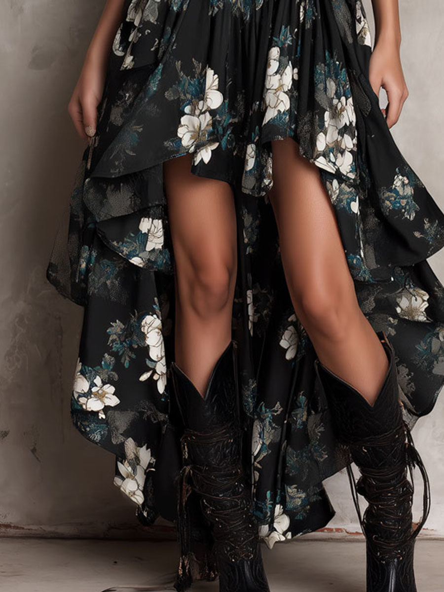 Bohemian Floral Print Strapless Maxi Dress with Asymmetrical Design