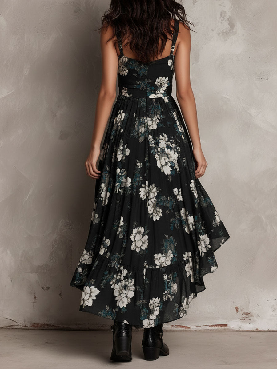 Bohemian Floral Print Strapless Maxi Dress with Asymmetrical Design