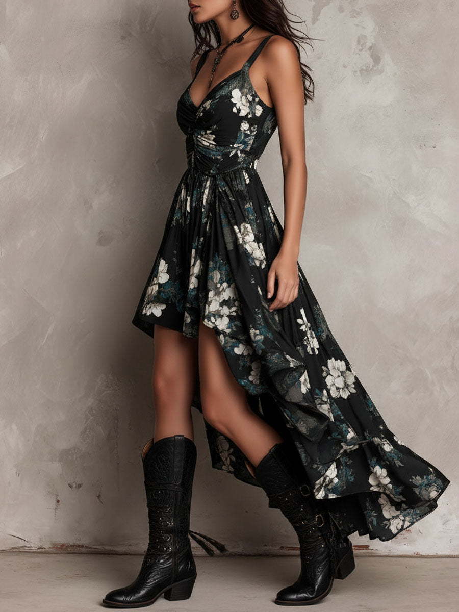 Floral Print Black Bohemian Strapless Maxi Dress with Asymmetrical Design
