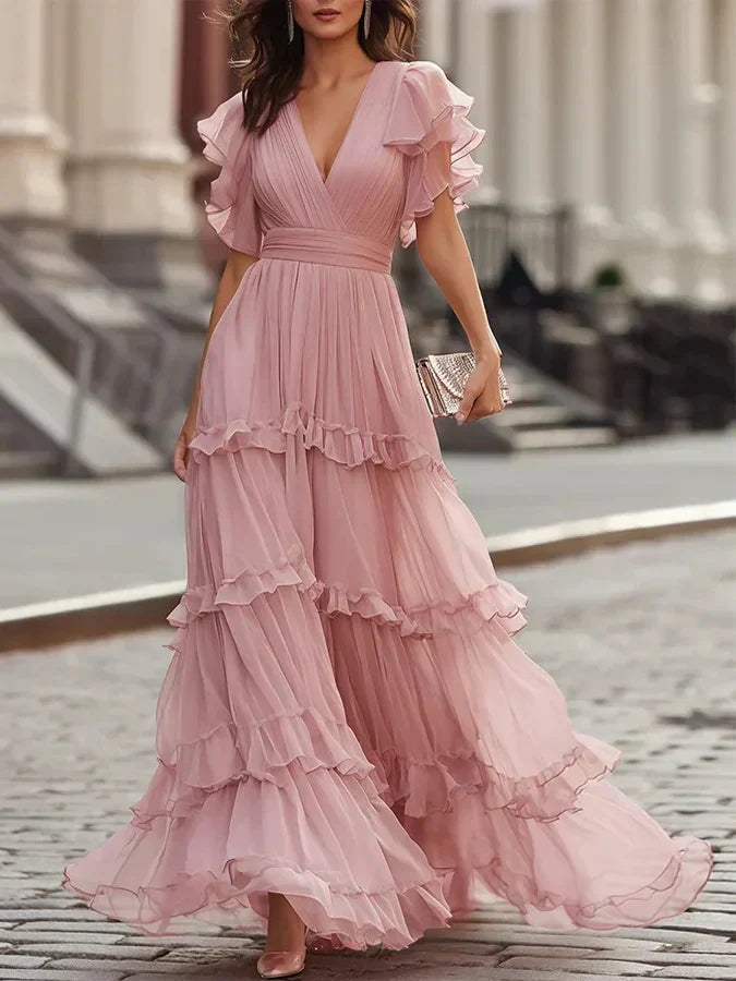Brielle | V-Neck Short Sleeve Tiered Midi Dress