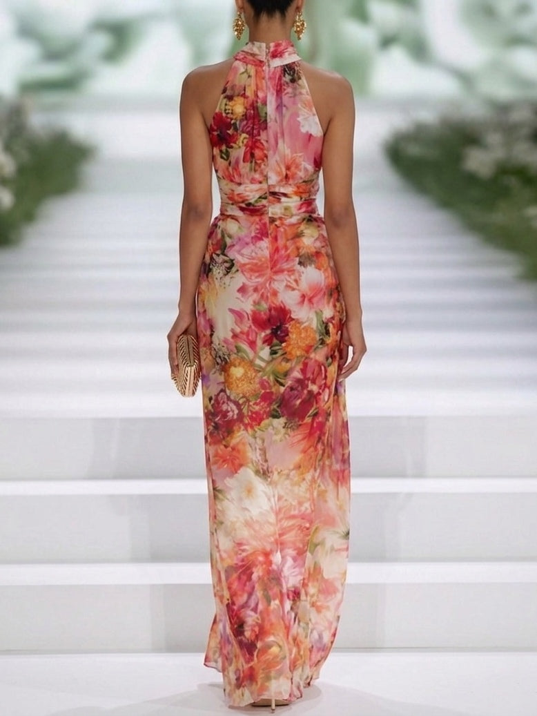Red Halter Neck Sleeveless Maxi Dress in Chiffon