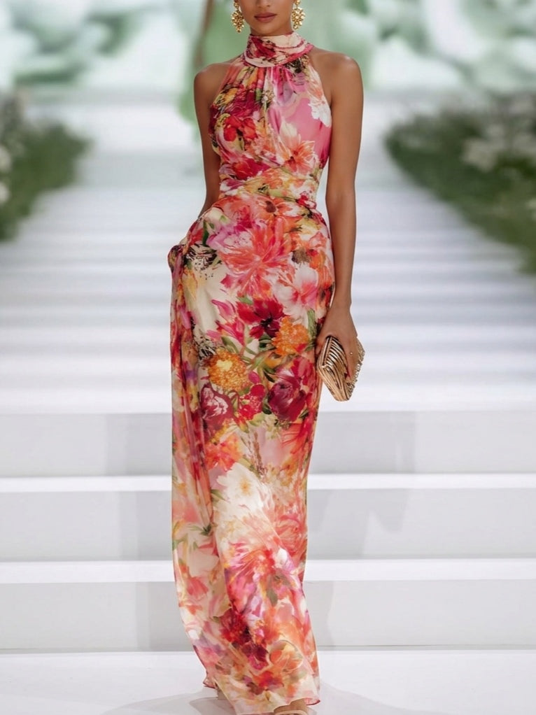 Red Halter Neck Sleeveless Maxi Dress in Chiffon