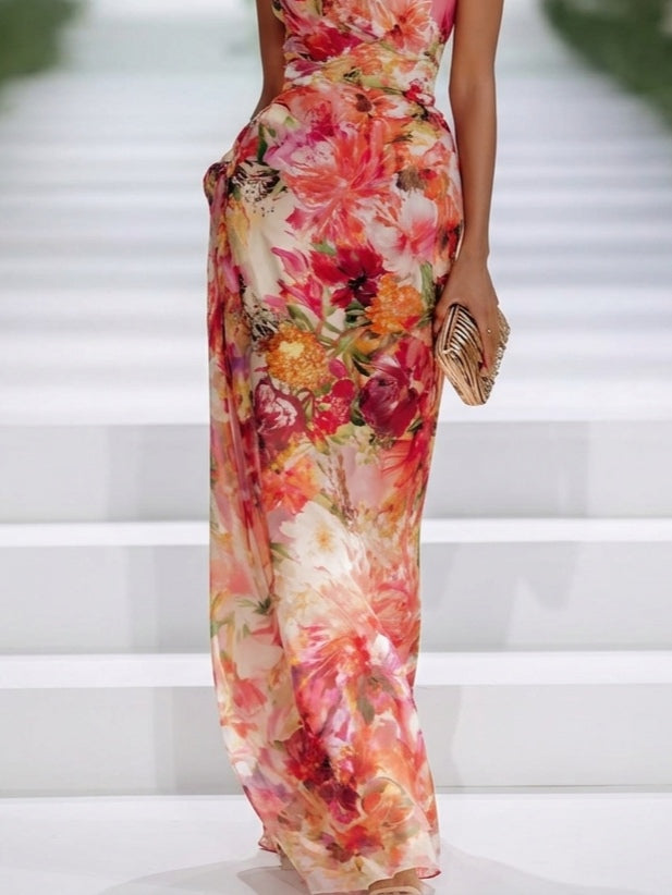 Red Halter Neck Sleeveless Maxi Dress in Chiffon